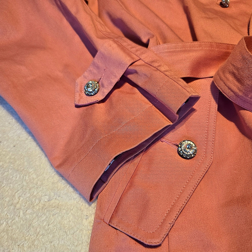 FLAWED* Midi Trench Coat Salmon Pink, Rhinestone Buttons/Belt Zebra Print Lining - Picture 5 of 12